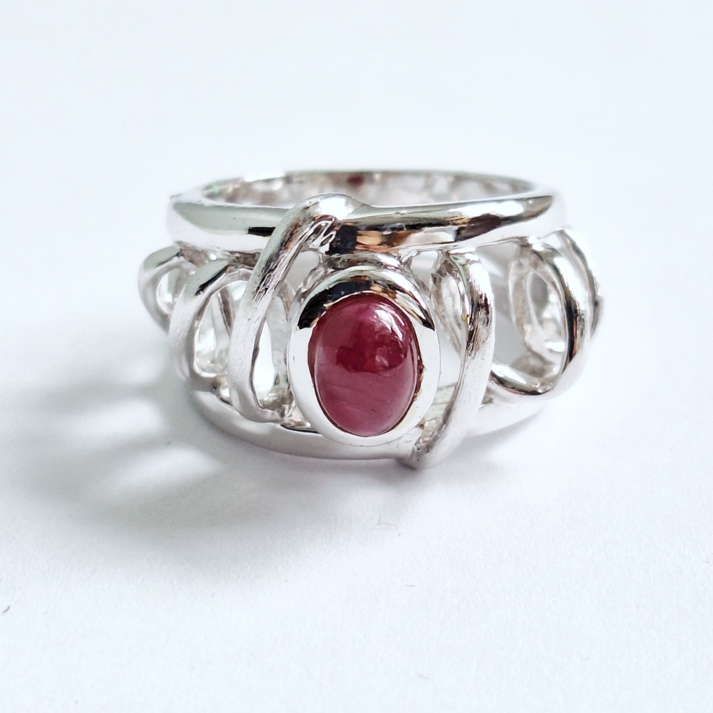 925 Silver White Gold Plated and Red Gemstone Ring